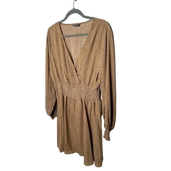 Shein Curve Long Sleeve V-Neck Dress Smocked Waist Tan W/Black Spots Size 1XL - Picture 6 of 10